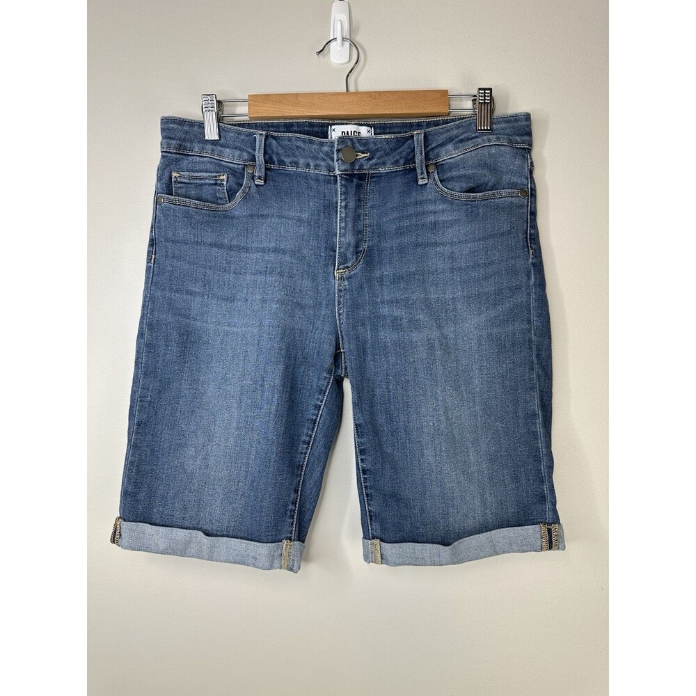 PAIGE Jax Knee Shorts Women's 31 Denim Bermuda Stretch Cuffed Casual Vacation